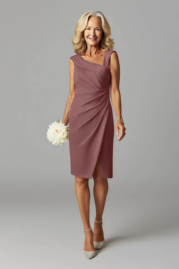 Akaks Agatha Desert Rose Asymmetrical Mother of the Groom Dresses Sheath Cap Sleeves Knee Length Stretch Crepe Dress Image561810