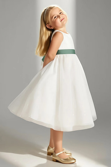 Akaks Blythe Flower Girl Dress Eucalyptus A-Line Scoop Neck Tea Length Tulle Dress with Detachable Bow Image254422