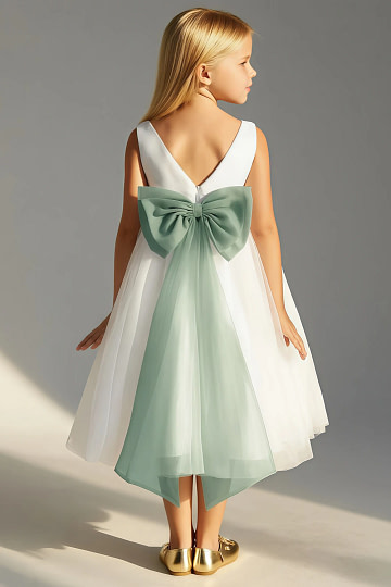 Akaks Blythe Flower Girl Dress Eucalyptus A-Line Scoop Neck Tea Length Tulle Dress with Detachable Bow Image999533