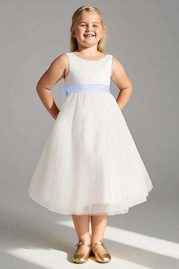 Akaks Blythe Flower Girl Dress Lavender A-Line Scoop Neck Tea Length Tulle Dress with Detachable Bow Image447793