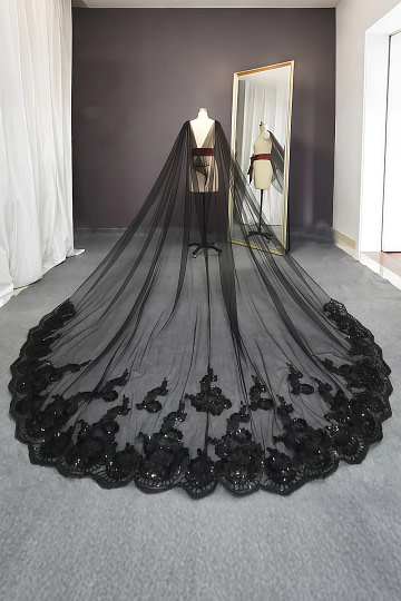 Akaks Cathedral Length Pippa Black Veil Wedding with Sequins Image327337