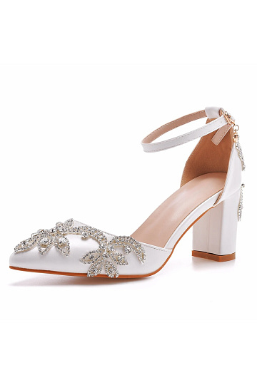 Akaks Corinne White Pointed Toe Ankle Strap Bridal Shoes Block Heel With Crystal Heel Height 2.95inch Image441111