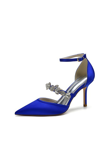 Akaks Crystal Strap Pointed Toe Satin High Heels Oriana Royal Blue Pumps For Women