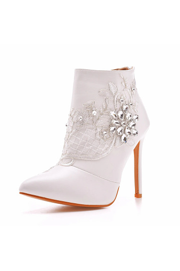 Akaks Elara White Leather Pointed Toe Mid-calf Heeled Boots With Rhinestone For Women Heel Height 4.17inch Image237791