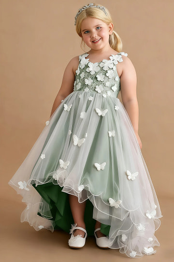 Akaks Eria Matcha Flower Girl Dress A-Line Lace Tulle Asymmetrical Hem Sleeveless V-neck 3D White Flowers Dress Image648257