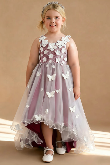 Akaks Eria Mulberry Flower Girl Dress A-Line V-neck Lace Tulle Asymmetrical Hem Sleeveless 3D White Flowers Dress Image939586