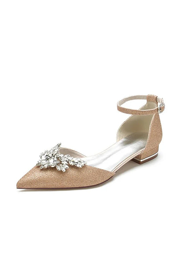 Akaks Gold Pointed Toe Ankle Strap Tera Bridal Shoes Low Heel with Rhinestone Image788377