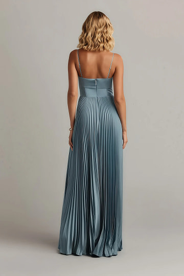 Akaks Orla Dusty Blue Wedding Guest Dress A-Line Sweetheart Neckline Floor Length Stretch Satin Pleated Dress with Slit Image338300