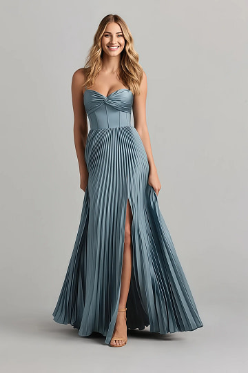 Akaks Orla Dusty Blue Wedding Guest Dress A-Line Sweetheart Neckline Floor Length Stretch Satin Pleated Dress with Slit Image858309