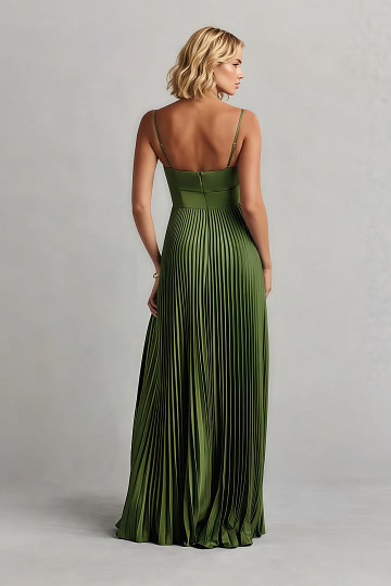 Akaks Orla Olive Green Wedding Guest Dress A-Line Sweetheart Neckline Floor Length Stretch Satin Pleated Dress with Slit Image389410