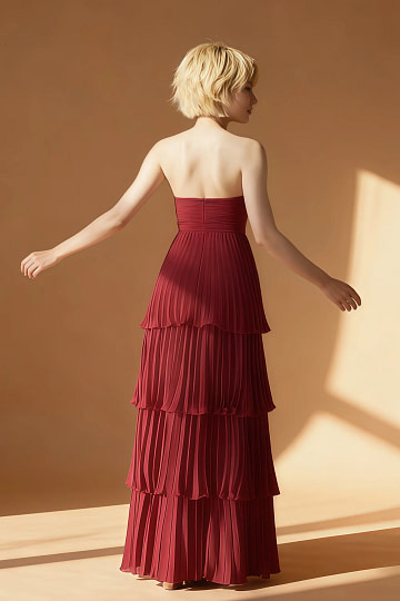 Akaks Veda Burgundy Wedding Guest Dress A-Line Strapless Sweetheart Neckline Floor Length Chiffon Dress with Tiered Ruffle Image805731