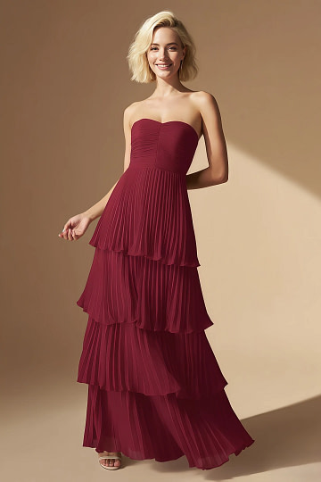 Akaks Veda Burgundy Wedding Guest Dress A-Line Strapless Sweetheart Neckline Floor Length Chiffon Dress with Tiered Ruffle Image972832