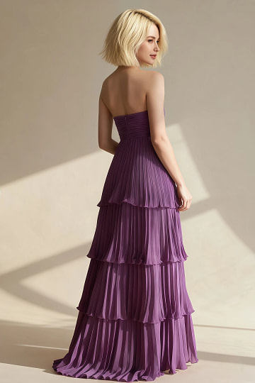 Akaks Veda Purple Wedding Guest Dress A-Line Strapless Sweetheart Neckline Floor Length Chiffon Dress with Tiered Ruffle Image202329