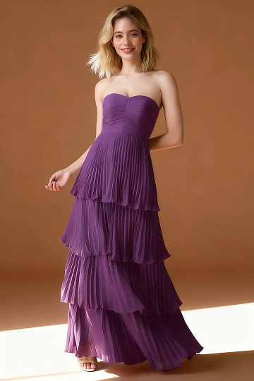Akaks Veda Purple Wedding Guest Dress A-Line Strapless Sweetheart Neckline Floor Length Chiffon Dress with Tiered Ruffle Image975728