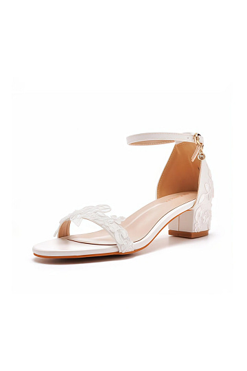 Akaks White Lace Open Toe Daria Block Heel Sandals with Ankle Strap Heel Height 1.77inch Image788173