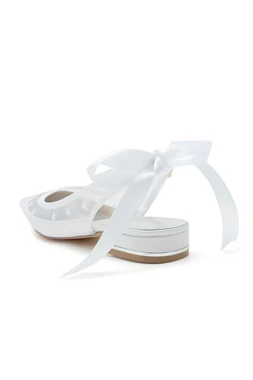 Akaks White Mesh Pointed Toe Block Heel Uia Wedding Flats with Bow Image278361
