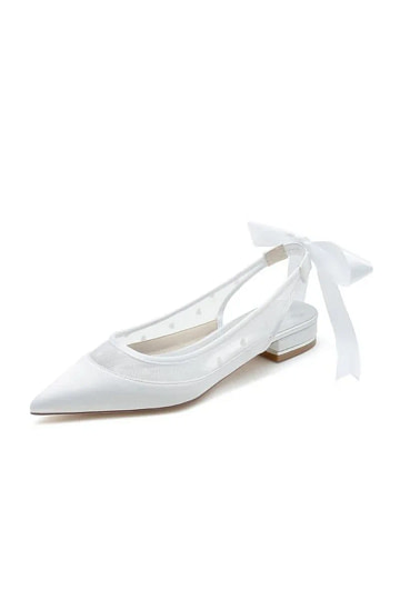 Akaks White Mesh Pointed Toe Block Heel Uia Wedding Flats with Bow Image670992