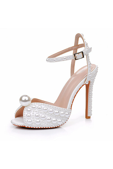 Akaks White Satin Stiletto Heel Maira Pearl Sandals Open Toe with Ankle Strap Heel Height 11cm Image375410