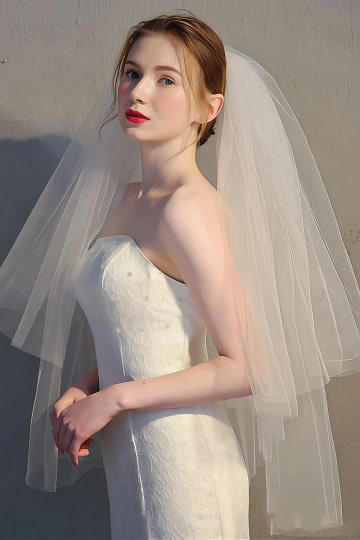 Akaks White Two Tier Tulle Gita Simple Wedding Veil with Chapel Length Image907426