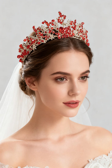 Akaks Kira Gold Metal Frame With Red Rhinestones Jeweled Princess Crystal Headband For Wedding Image144334