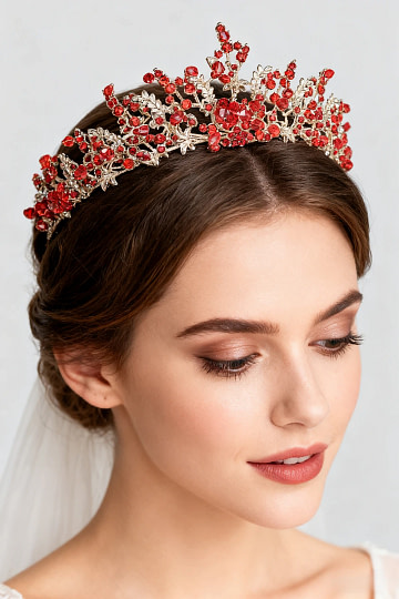 Akaks Kira Gold Metal Frame With Red Rhinestones Jeweled Princess Crystal Headband For Wedding Image894784