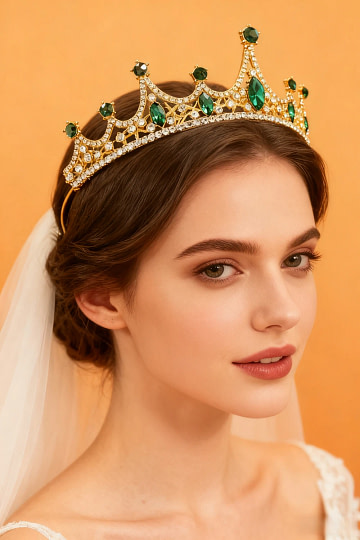 Akaks Ophel Gold Metal Frame With Green Rhinestones Princess Tiara Queen Crown Headband For Party Image239445