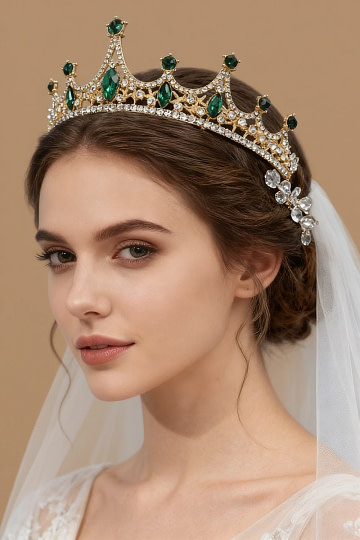 Akaks Ophel Gold Metal Frame With Green Rhinestones Princess Tiara Queen Crown Headband For Party Image537711