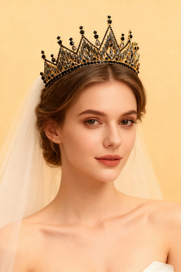 Akaks Rowan Gold Metal Frame With Black Rhinestones Bridal Tiara Sparkling Crystal Stellar Crown Image209190