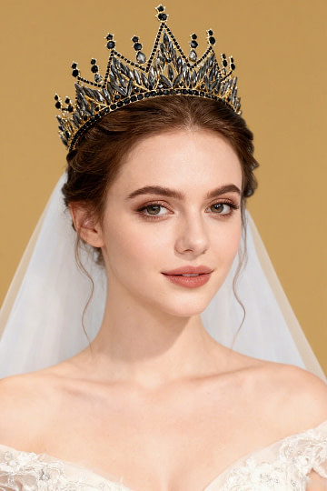 Akaks Rowan Gold Metal Frame With Black Rhinestones Bridal Tiara Sparkling Crystal Stellar Crown Image427806