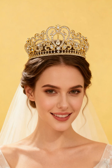 Akaks Seren Gold Metal Frame With White Crystal Jeweled Queen Bridal Hair With Tiara & Crown Image590282