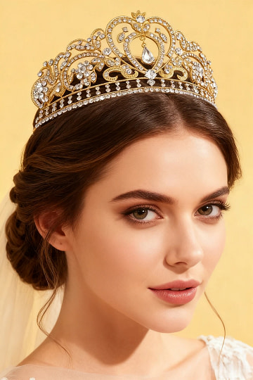 Akaks Seren Gold Metal Frame With White Crystal Jeweled Queen Bridal Hair With Tiara & Crown Image610207