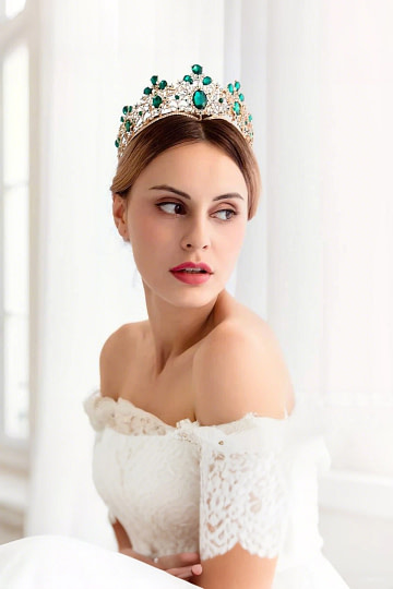 Akaks Tegan Gold Metal Frame With Green Crystal Wedding Tiara Hair Accessories For Bride Image183045