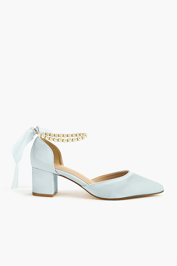 Akaks Baby Blue Satin Calla Block Heel Pumps with Pearls and a Bow Image309581