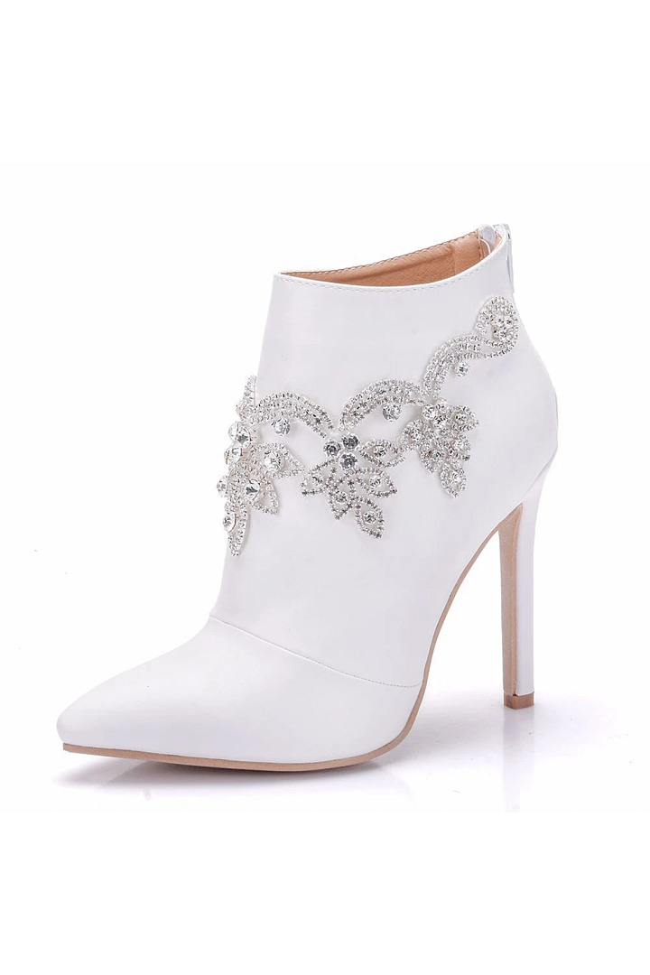 Akaks Elara White Leather Pointed Toe Mid-calf Heeled Boots With Crystal For Women Heel Height 4.17inch Image837914