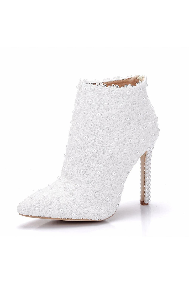 Akaks Elara White Leather Pointed Toe Mid-calf Heeled Boots With Pearl For Women Heel Height 4.17inch Image936139
