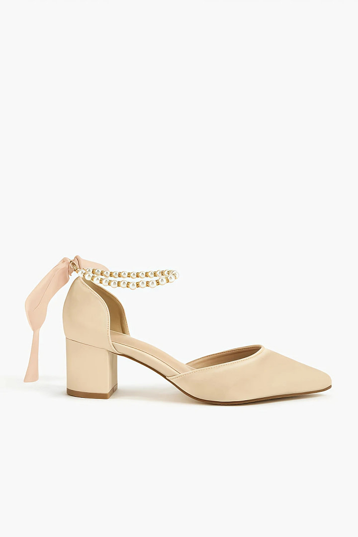 Akaks Rose Petal Satin Calla Block Heel Pumps with Pearls and a Bow Image520598