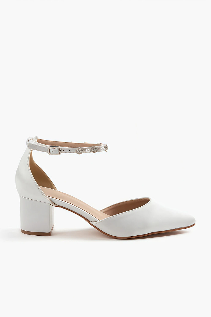 Akaks White Satin Bow Calla Block Heel Pumps with Pearl and Crystal Image124789