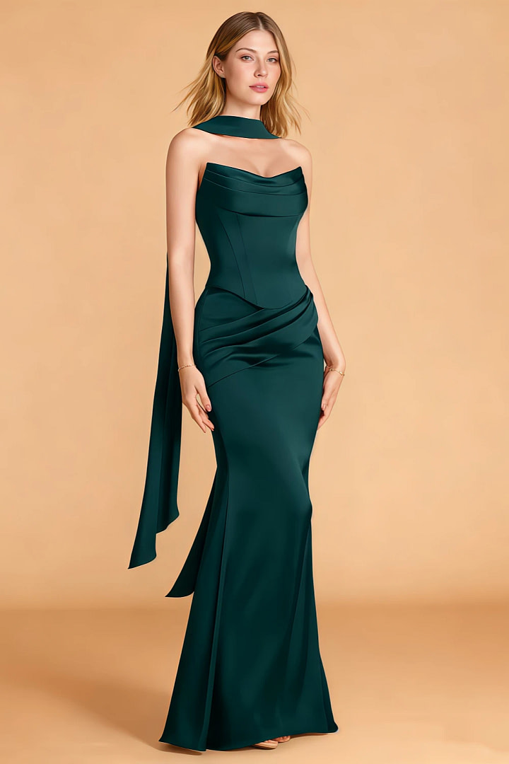 Akaks Clara Convertible Mermaid Pleated Satin Pine Green Bridesmaid Dress With Corset Top Image498056