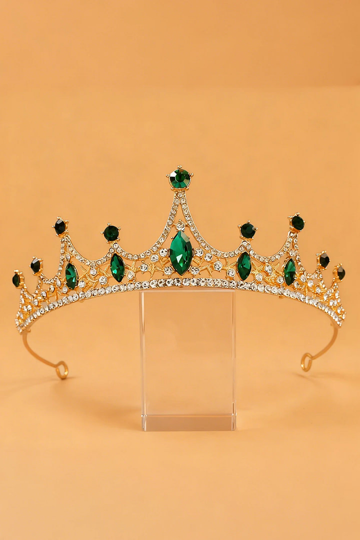 Akaks Ophel Gold Metal Frame With Green Rhinestones Princess Tiara Queen Crown Headband For Party Image173056