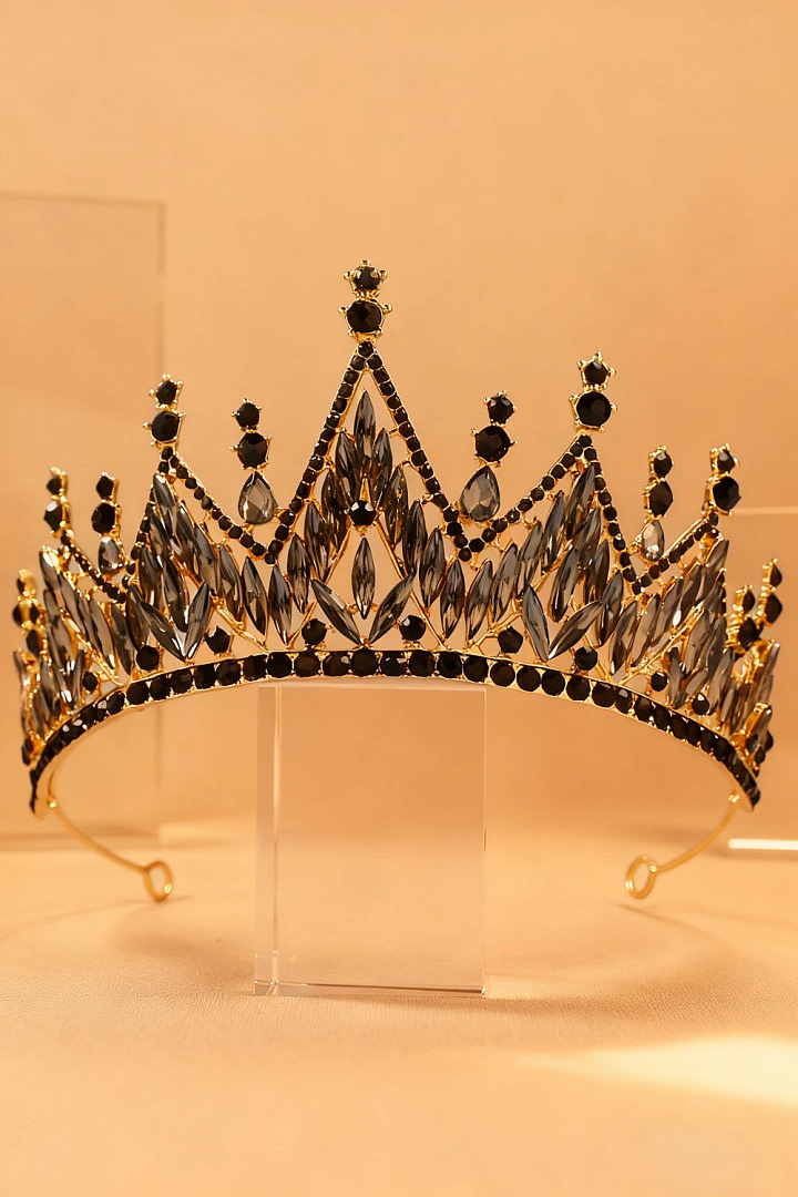 Akaks Rowan Gold Metal Frame With Black Rhinestones Bridal Tiara Sparkling Crystal Stellar Crown Image589233