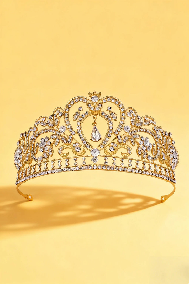 Akaks Seren Gold Metal Frame With White Crystal Jeweled Queen Bridal Hair With Tiara & Crown Image607180