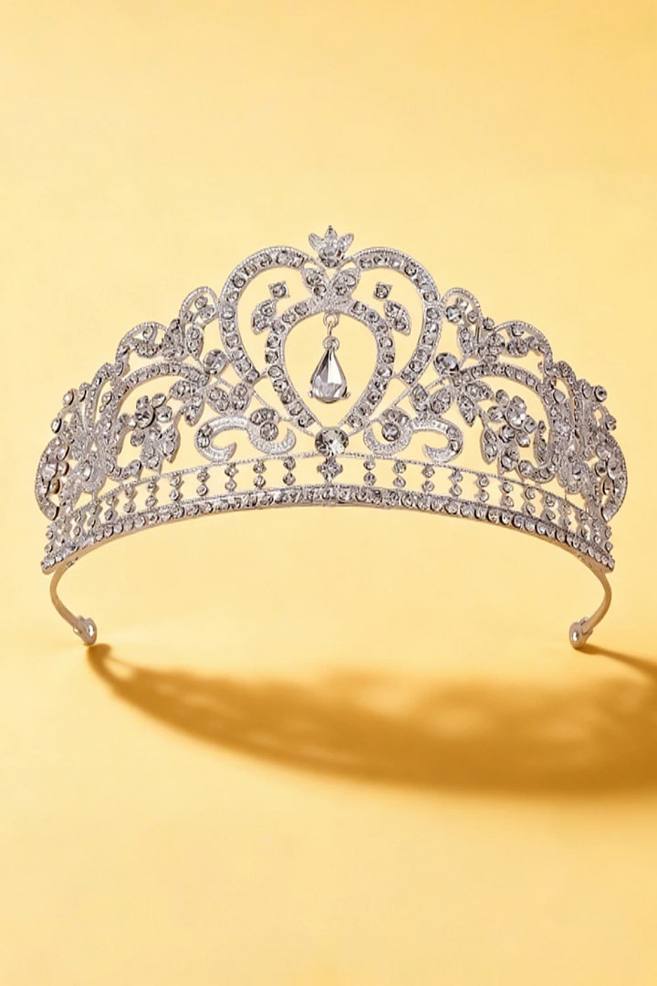 Akaks Seren Silver Metal Frame With White Crystal Jeweled Queen Bridal Hair With Tiara & Crown Image629563