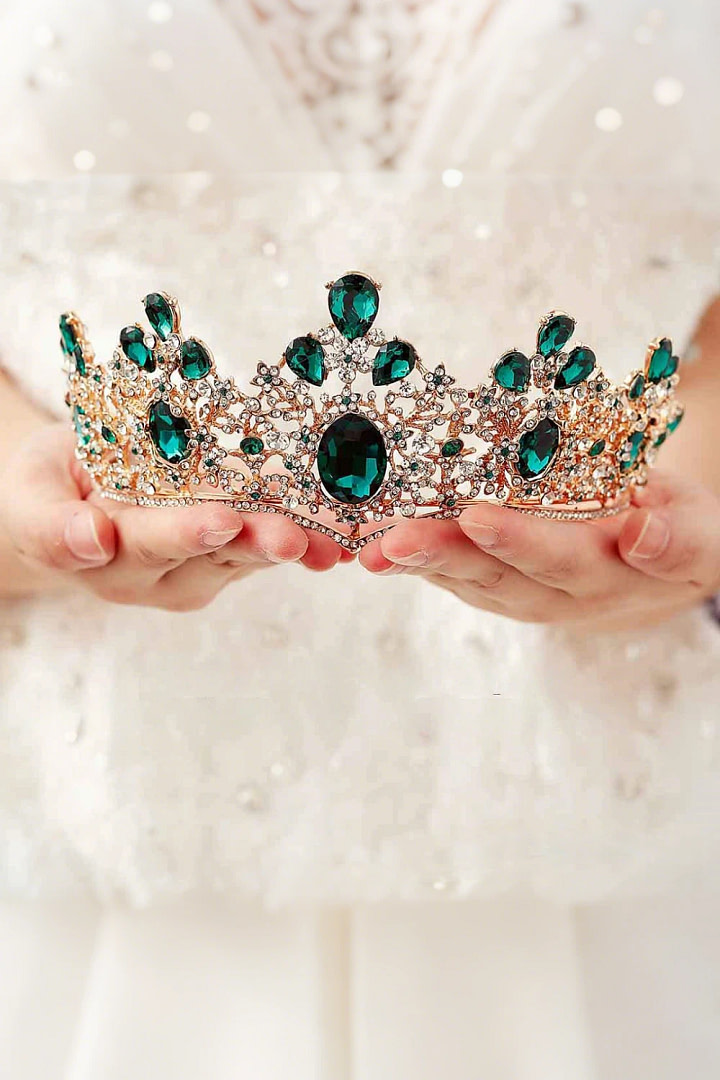 Akaks Tegan Gold Metal Frame With Green Crystal Wedding Tiara Hair Accessories For Bride Image429560