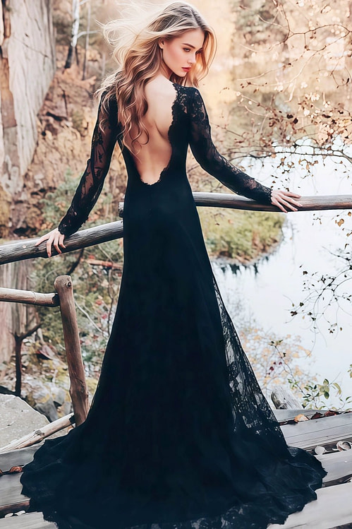 long arm lace wedding dress Floral Lace Illusion Sleeve Plunging A-Line Wedding Dress main image 1
