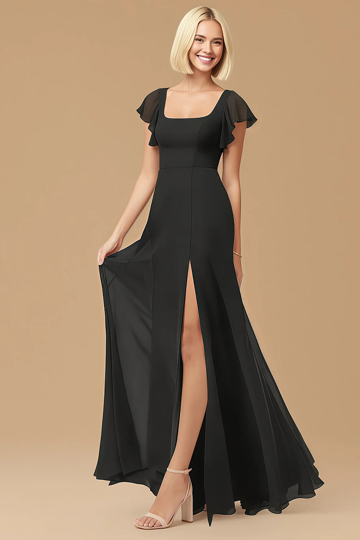 black bridesmaid dresses a line Black Bridesmaid Dresses A-Line Short Sleeves V Neck Sequined Empire Waist Long Chiffon Bridesmaid Dresses main image 0