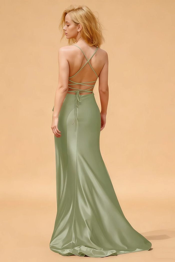Mara Sage Green Pleated Wedding Guest Dress With Slit | Akaks