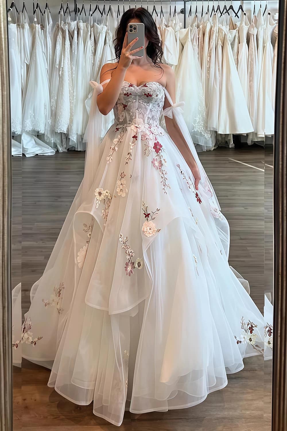A-Line Strapless Floral Wedding Dresses Ruffled Lace 3D Flowers
