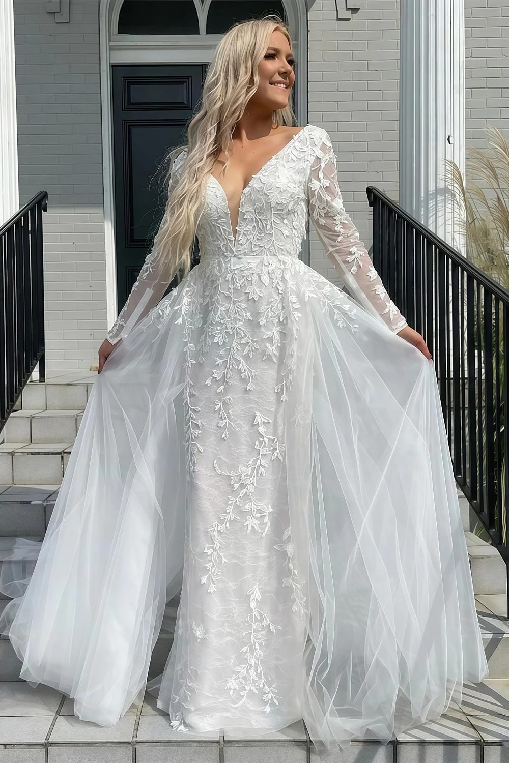 Mychicdress New Summer Lace Wedding Dress UK Long Sleeves Deep V-neck